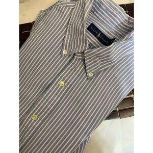 Ralph‎ Lauren Men's Oxford LS Shirt Blue White Stripe Brown Pony Size XL Collar